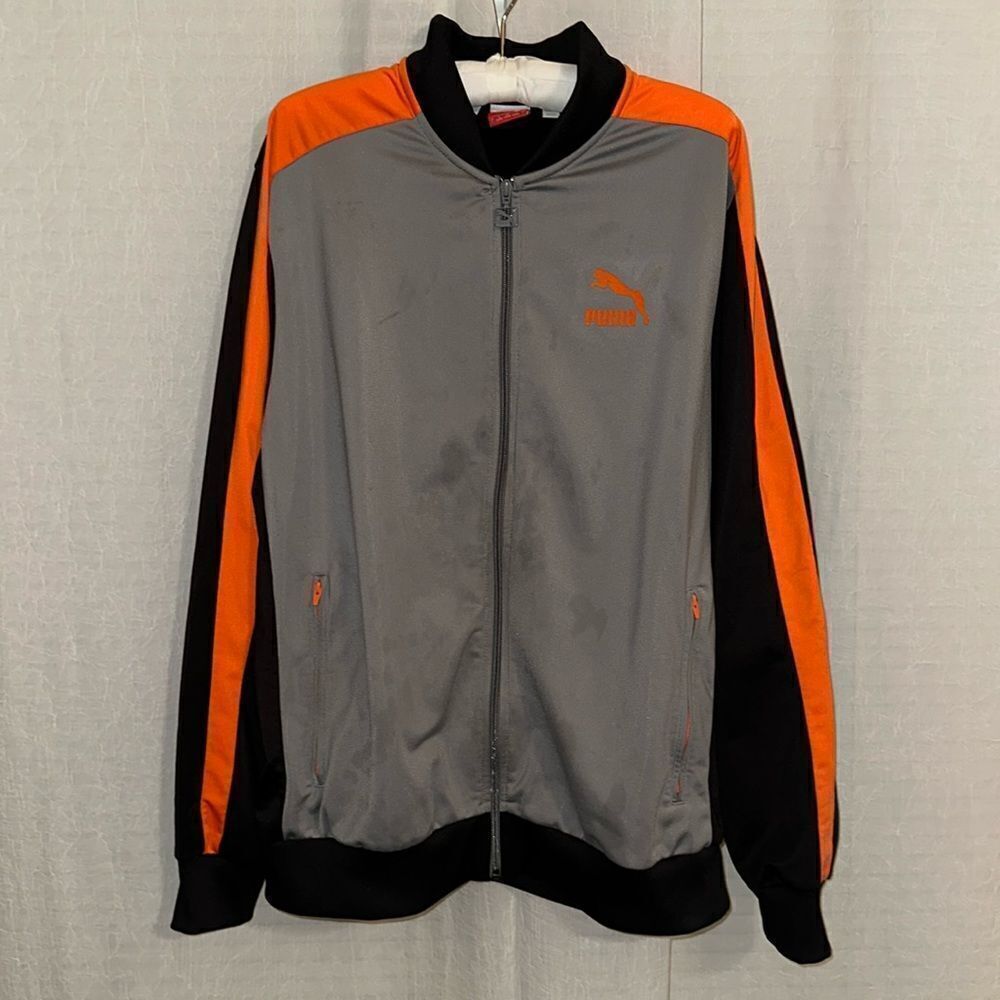 PUMA L Black Gray Orange Full Zip Track Jacket Sweatshirt